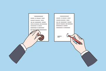 Illustration of hands stamping and signing a business agreement