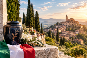 Apostille Blogs 16 Cremation urn with white lilies and an olive branch on a stone wall overlooking a cypress-lined cemetery and an Italian hill town