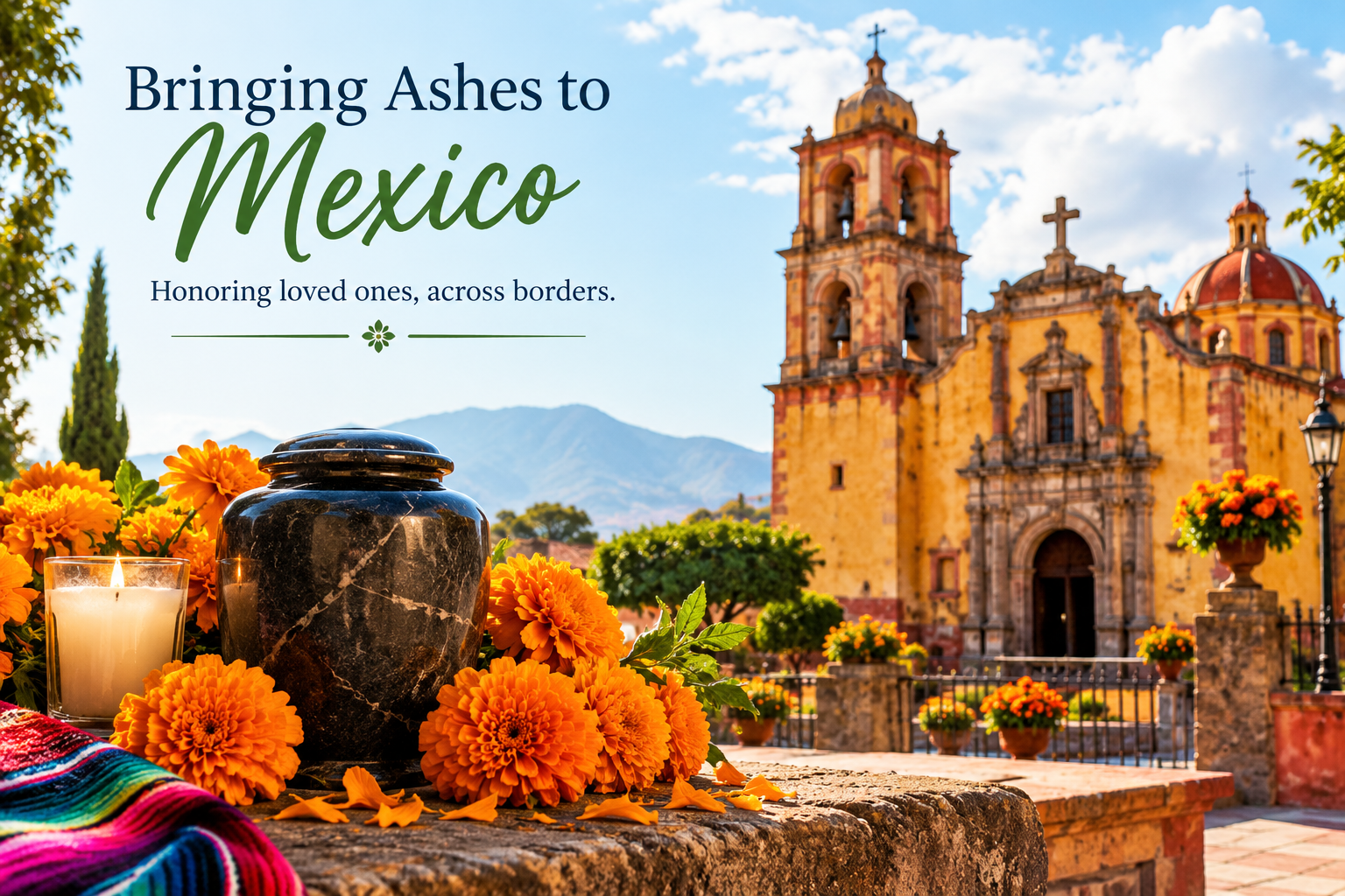 Cremation urn surrounded by marigolds and a candle in front of a colonial church in Mexico, with the title Bringing Ashes to Mexico