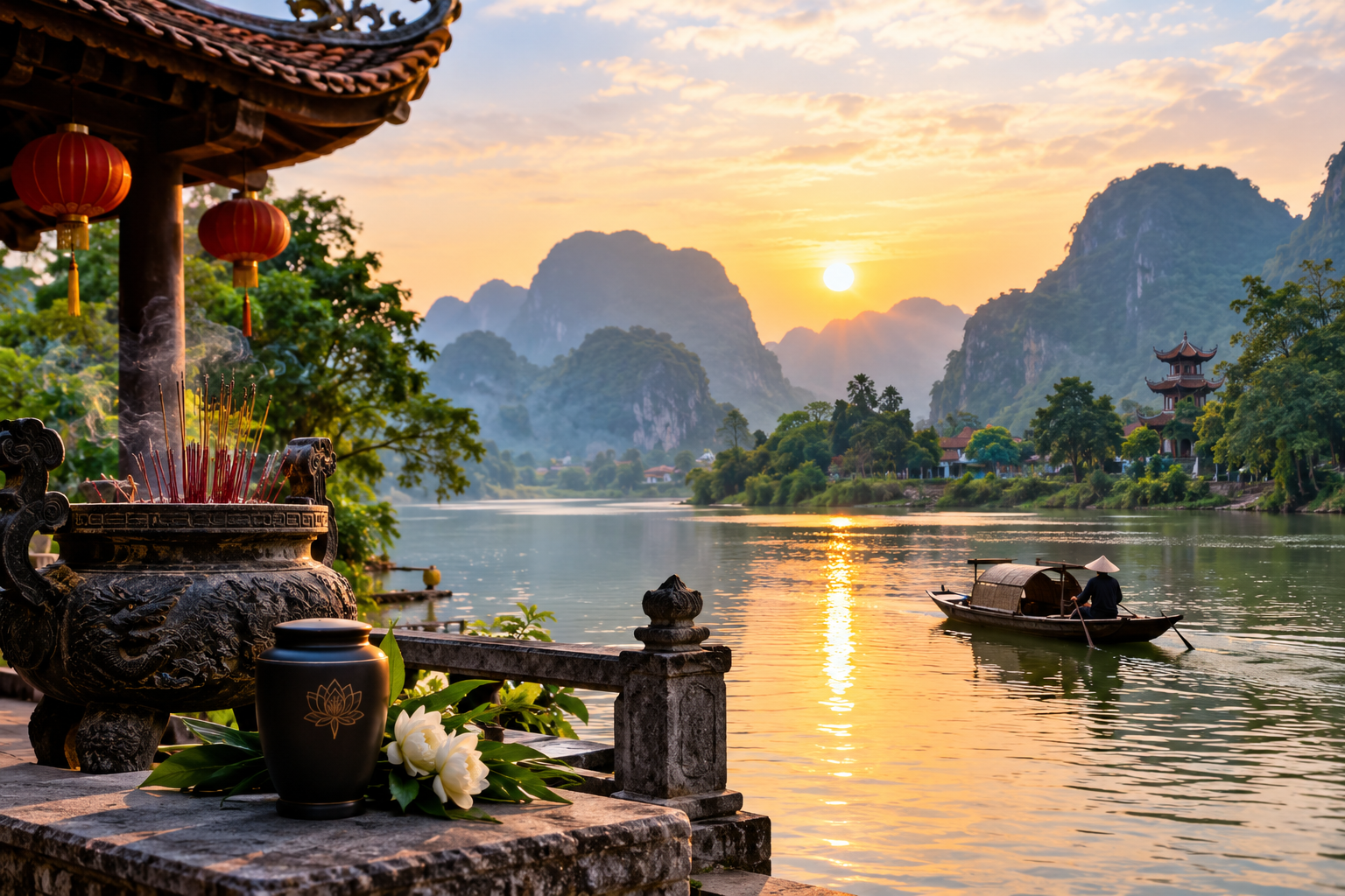 Cremation urn with white lotus flowers beside an incense burner at a riverside pagoda in Vietnam at sunrise