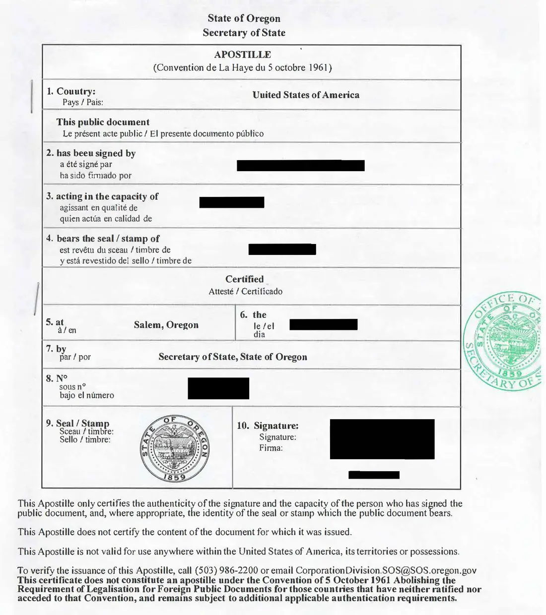 Redacted Oregon apostille certificate issued by the Secretary of State in Salem, with the signer, date, apostille number and signature blacked out
