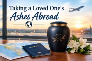 Apostille Blogs 18 Cremation urn beside a passport, a world map and white flowers at an airport window, with the title Taking a Loved One's Ashes Abroad