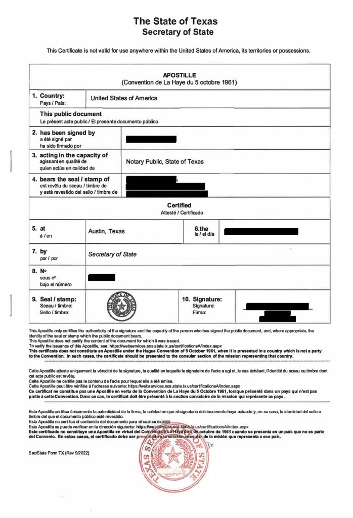 Sample Texas apostille certificate issued by the Texas Secretary of State in Austin, with personal details redacted